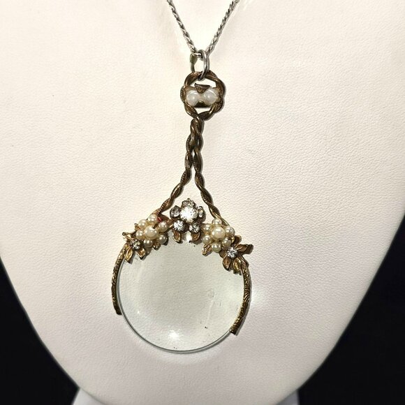 Vintage Gold-Tone Magnifying Glass Pendant Sterling Silver Necklace HS224 - Picture 2 of 11